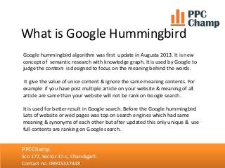 What is Google Hummingbird
NCA Academy
Sco 86, Sector 35-c, Chandigarh
Contact no. 09501070051, 09814161322
PPCChamp
Sco 1...