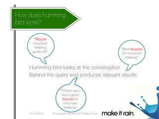 How does humming 
bird work?
 What Is An Algorithm?
“Bicycle
mountain
trekking
guide UK”

“Best bicycles 
for mountain
trekking”


Humming bird looks at the conversation
Behind the query and produces relevant results

“Where can I

ﬁnd a good
bicycle for
mountain
trekking”

01/10/2013

© Copyright October 2013 Make It Rain

 