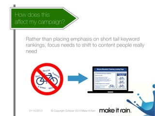 How does this
affect my campaign?
 An Algorithm?
What Is

Google Algorithm on short tail keyword
Update
Rather than placing emphasis

rankings, focus needs to shift to content people really
need

01/10/2013

© Copyright October 2013 Make It Rain

 