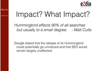 @ezdia
eZdia.com

Impact? What Impact?
Hummingbird effects 90% of all searches
but usually to a small degree. - Matt Cutts...
