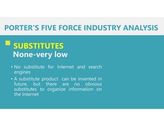 PORTER’S FIVE FORCE INDUSTRY ANALYSIS
SUBSTITUTES
None-very low
• No substitute for Internet and search
engines
• A substitute product can be invented in
future, but there are no obvious
substitutes to organize information on
the Internet
 