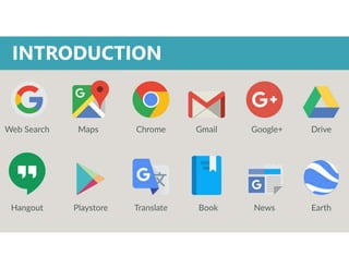 • 1996 founded by Larry Page and Sergey Brin in California
• Specializing in: Internet-related services and products including search,
cloud computing, software, and online advertising
INTRODUCTION
 
