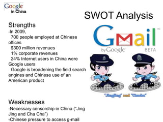 SWOT Analysisin ChinaStrengths-In 2009,  700 people employed at Chinese offices  $300 million revenues  1% corporate revenues  24% Internet users in China were Google users  Google is broadening the field search engines and Chinese use of an American productWeaknesses-Necessary censorship in China (“Jing Jing and Cha Cha”) -Chinese pressure to access g-mail accounts  