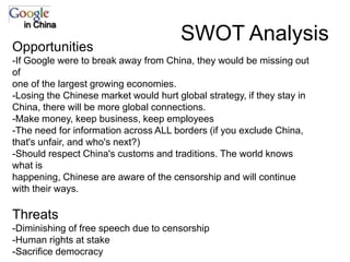 SWOT Analysisin ChinaOpportunities-If Google were to break away from China, they would be missing out ofone of the largest growing economies.-Losing the Chinese market would hurt global strategy, if they stay inChina, there will be more global connections.-Make money, keep business, keep employees-The need for information across ALL borders (if you exclude China,that's unfair, and who's next?)-Should respect China's customs and traditions. The world knows what ishappening, Chinese are aware of the censorship and will continue with their ways. Threats-Diminishing of free speech due to censorship-Human rights at stake-Sacrifice democracy