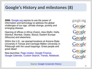 Google’s History and milestones (8) 2006:   Google.org  aspires to use the power of information and technology to address ...