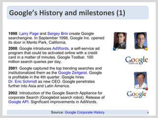 Google’s History and milestones (1) 1998 :  Larry Page  and  Sergey Brin  create Google searchengine. In September 1998, G...