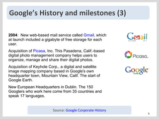 Google’s History and milestones (3) 2004 :  New web-based mail service called  Gmail , which at launch included a gigabyte of free storage for each user. Acquisition of  Picasa , Inc. This Pasadena, Calif.-based digital photo management company helps users to organize, manage and share their digital photos. Acquisition of Keyhole Corp., a digital and satellite image mapping company based in Google's own headquarter town, Mountain View, Calif. The start of Google Earth. New European Headquarters in Dublin. The 150 Googlers who work here come from 35 countries and speak 17 languages. Source:  Google Corporate History 