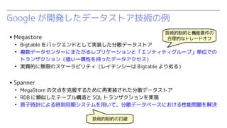 Google _kǩ`ȥg
? Megastore

Bigtable ХåɤȤƌgװɢǩ`ȥ

}ǩ`󥿩`ˤޤץꥱ`ȡƥƥ`סgλǤ
ȥ󥶥󣨏һ؞Ԥ֤äǩ`

g|Ĥ˟oޤΥ`ӥƥ쥤ƥ󥷩` Bigtable Ӥ룩
? Spanner

MegaStore Ƿ˷뤿ٌgװ줿ɢǩ`ȥ

RDB ƤƩ`֥똋 SQL ȥ󥶥gF

ԭӕrӋˤrͬڥƥäơɢǩ`٩`ˤ܆}Q
gƼsșCҪ
Ĥʥȥ`ɥ
gƼsδ
 