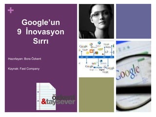 +
Google’un
9 İnovasyon
Sırrı
Hazırlayan: Bora Özkent
Kaynak: Fast Company

 