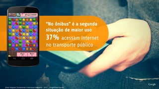 •  “No ônibus” é a segunda
situação de maior uso
•  37% acessam internet
no transporte público
fonte: Pesquisa “Conhecendo o Internauta Emergente – 2015” – Google/Data Popular
 