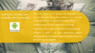 Android é o SO mais vem
avaliado entre conhecidos!
•  Muitos têm ampla rede de contatos que utiliza esse S.O., o
que, na percepção dos usuários, elimina o risco de haver
incompatibilidade na transferência de vídeos e fotos;
•  Consideram esse S.O. mais rápido do que os demais;
•  Acreditam que ele aceita mais aplicativos do que os outros;
•  Conhecem a Apple e, em geral, demonstram bastante
interesse pela marca (é aspiracional)– entretanto sentem-se
bem atendidos pelo Android.
fonte: Pesquisa “Conhecendo o Internauta Emergente – 2015” – Google/Data Popular
 