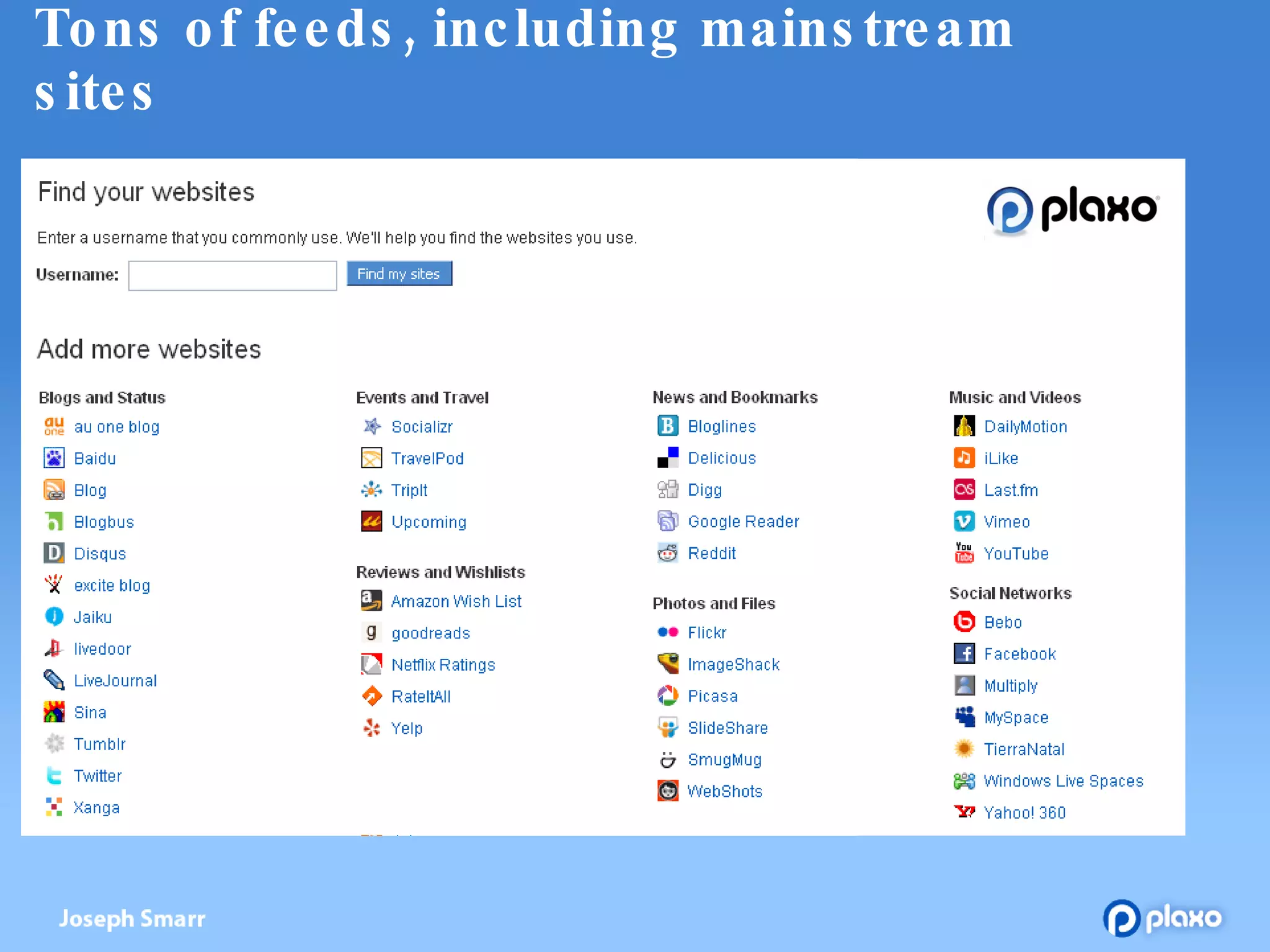 Tons of feeds, including mainstream sites 