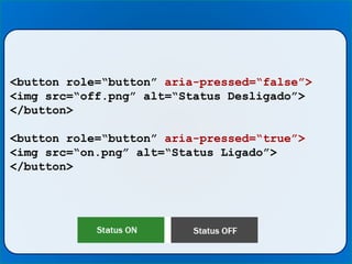 <button role=“button” aria-pressed=“false”>
<img src=“off.png” alt=“Status Desligado”>
</button>
<button role=“button” aria-pressed=“true”>
<img src=“on.png” alt=“Status Ligado”>
</button>
 