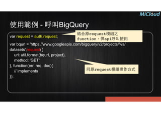 使⽤用範例 - 呼叫BigQuery
var request = auth.request;
var bqurl = 'https://www.googleapis.com/bigquery/v2/projects/%s/
datasets';request({ 
url: util.format(bqurl, project), 
method: 'GET' 
}, function(err, req, doc){ 
// implements 
});
同原request模組操作⽅方式
結合原request模組之
function，供api呼叫使⽤用
 