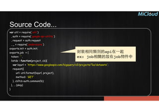 Source Code...
var util = require('util')
, auth = require('google-api-utility')
, request = auth.request
, _ = require('underscore')
exports.init = auth.init;
exports.job = {
token: '',
listds : function(project, cb){
var bqurl = 'https://www.googleapis.com/bigquery/v2/projects/%s/datasets';
request({
url: util.format(bqurl, project),
method: 'GET'
}, cb?cb:auth.commonCb);
}, … (skip)
}
封裝相同類別的api在⼀一起!
ex: job相關的放在job物件中
 