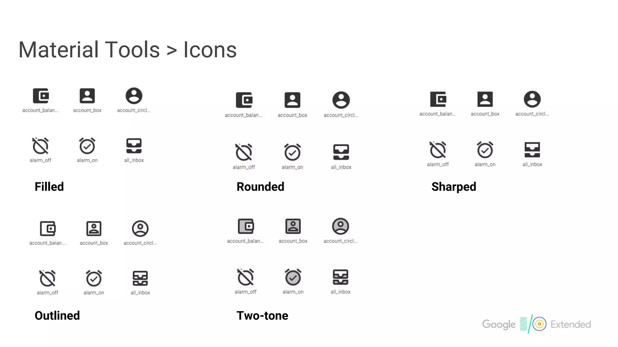 Material Tools > Icons
Filled Rounded Sharped
Outlined Two-tone
 