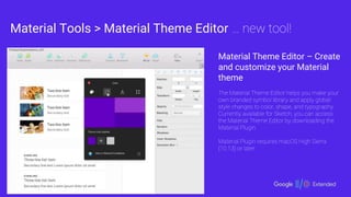 Material Tools > Material Theme Editor
Choose colors
色指定
アクセシビリティを
考慮可能
Set shape
形状設定、
オブジェクトやコー
ナー設定
Add types
書体設定、3書体ま...