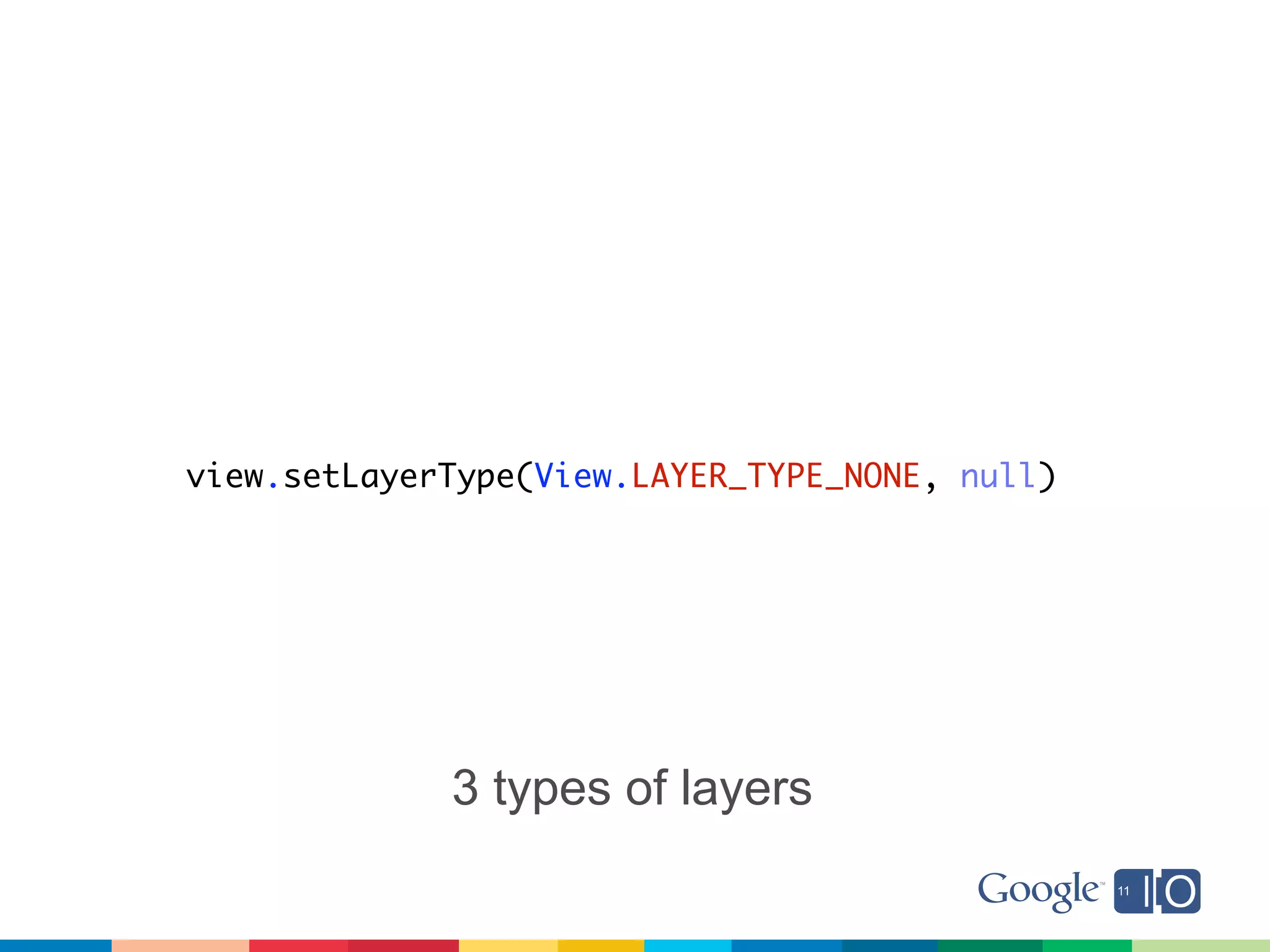 view.setLayerType(View.LAYER_TYPE_NONE, null)




             3 types of layers
 