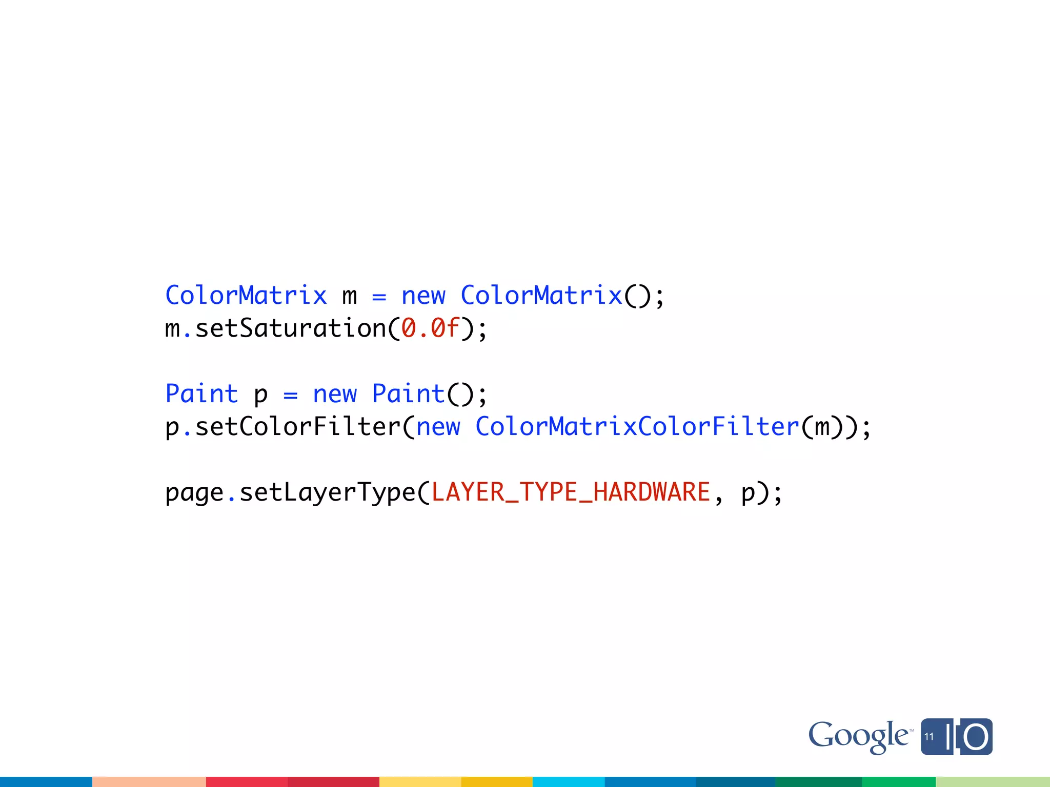 ColorMatrix m = new ColorMatrix();
m.setSaturation(0.0f);

Paint p = new Paint();
p.setColorFilter(new ColorMatrixColorFilter(m));

page.setLayerType(LAYER_TYPE_HARDWARE, p);
 
