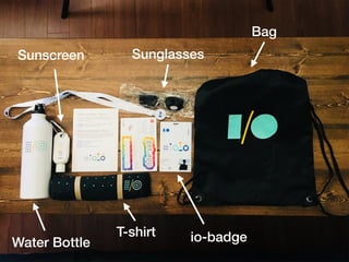 Sunglasses
Bag
T-shirt
Water Bottle
Sunscreen
io-badge
 