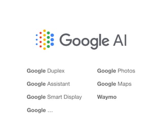 Google Duplex
Google Assistant
Google Smart Display
Google Maps
Google Photos
Google …
Waymo
 
