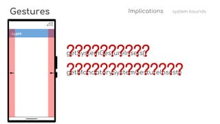 Gestures
MyAPP
getSystemGestureInsets()
getMandatorySystemGestureInsest()
Implications system bounds
??????????
??????????????
 