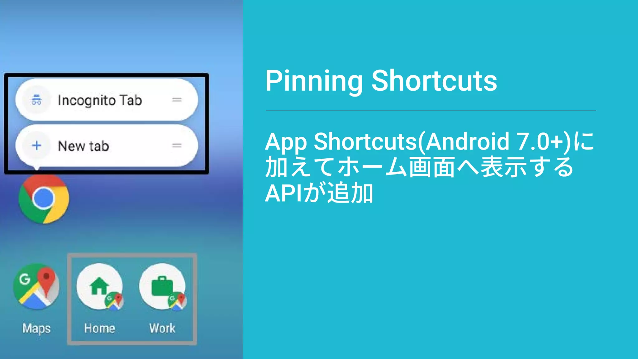 Pinning Shortcuts
App Shortcuts(Android 7.0+)に
加えてホーム画面へ表示する
APIが追加
 