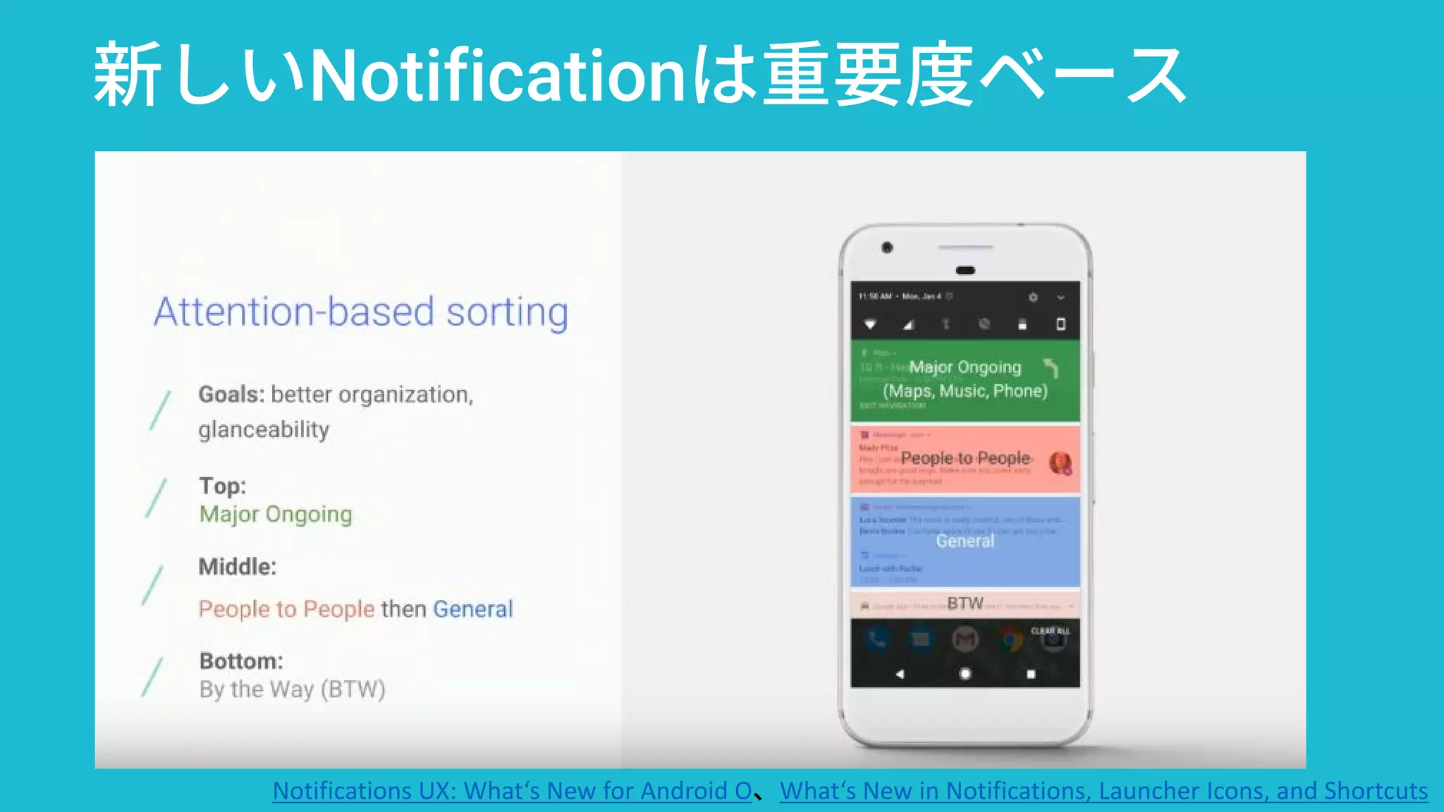 新しいNotificationは重要度ベース
Notifications UX: What‘s New for Android O、What‘s New in Notifications, Launcher Icons, and Shortcuts
 