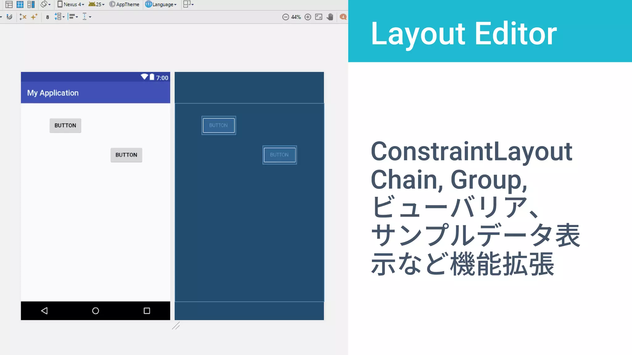 Layout Editor
ConstraintLayout
Chain, Group,
ビューバリア、
サンプルデータ表
示など機能拡張
 