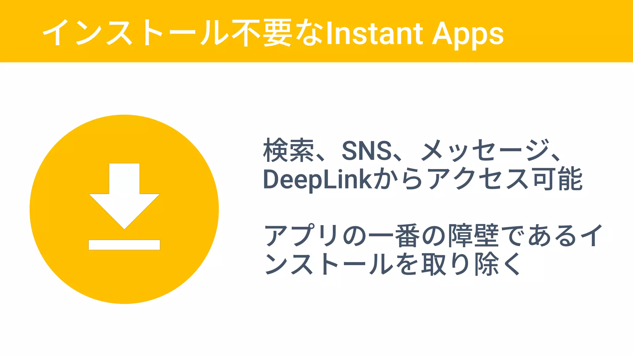 インストール不要なInstant Apps
検索、SNS、メッセージ、
DeepLinkからアクセス可能
アプリの一番の障壁であるイ
ンストールを取り除く
 