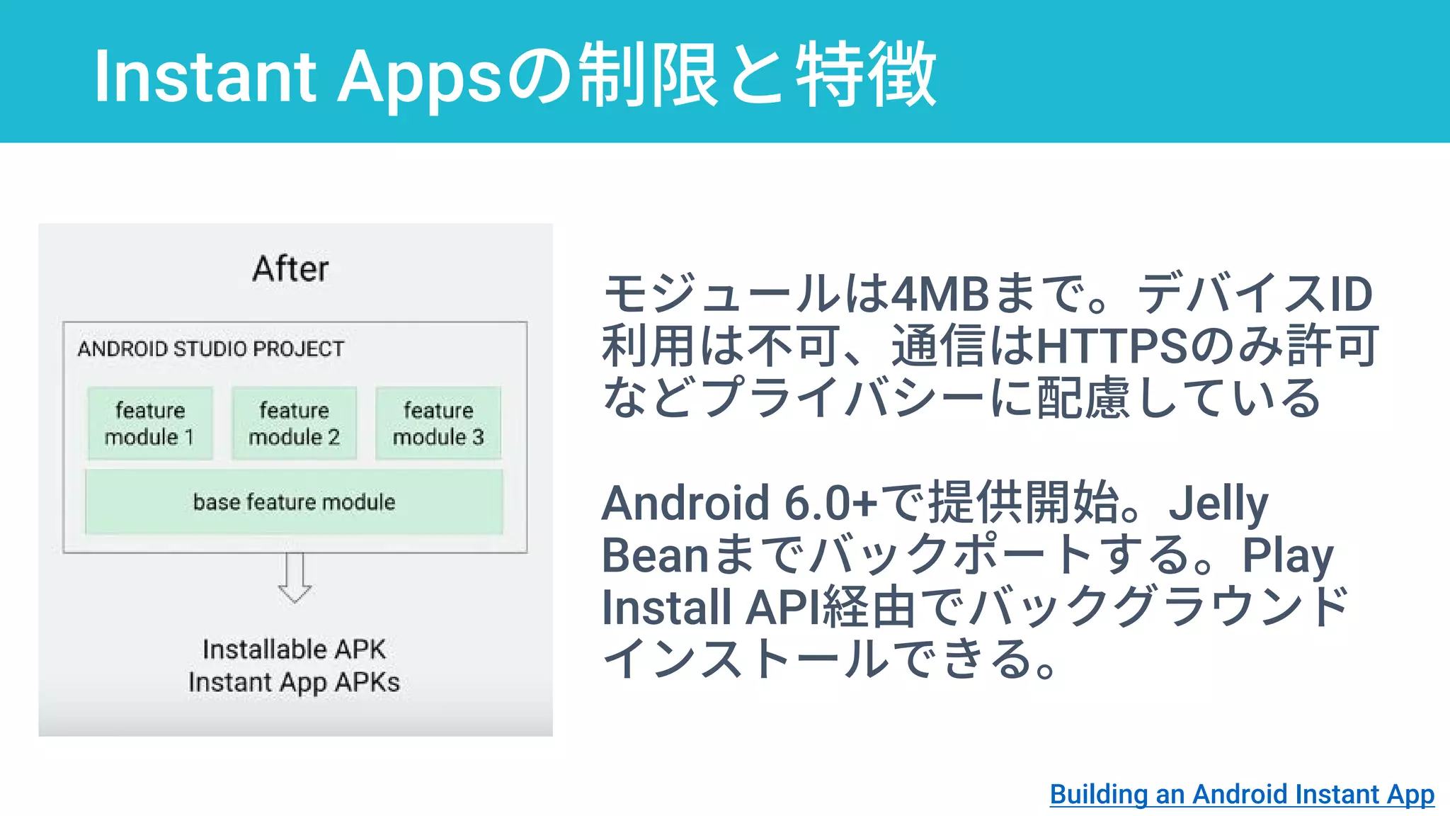 Instant Appsの制限と特徴
モジュールは4MBまで。デバイスID
利用は不可、通信はHTTPSのみ許可
などプライバシーに配慮している
Android 6.0+で提供開始。Jelly
Beanまでバックポートする。Play
Install API経由でバックグラウンド
インストールできる。
Building an Android Instant App
 