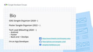 Bio
GDG Songdo Organizer (2020~ )
Flutter Songdo Organizer (2022 ~ )
Tech Lead @bluefrog (2020 ~ )
- Android
- Flutter
- Back-end + DevOps
I’m an App Developer.
yangsterchief@duck.com
https://github.com/yangster-chief
https://www.linkedin.com/in/sujang-yang
 