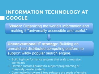INFORMATION TECHNOLOGY AT
GOOGLE
• Build high-performance systems that scale to massive
workloads
• Develop custom libraries to support programming of
massively parallel systems
• Commodity hardware & free software are seeds of empire.
Vision: Organizing the world's information and
making it "universally accessible and useful.”
Unconventional IT strategy: Building an
unmatched distributed computing platform to
support wildly popular search engine.
 