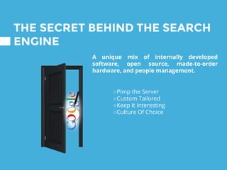 THE SECRET BEHIND THE SEARCH
ENGINE
○Pimp the Server
○Custom Tailored
○Keep It Interesting
○Culture Of Choice
A unique mix of internally developed
software, open source, made-to-order
hardware, and people management.
 