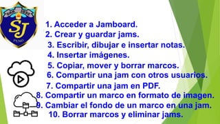1. Acceder a Jamboard.
2. Crear y guardar jams.
3. Escribir, dibujar e insertar notas.
4. Insertar imágenes.
5. Copiar, mover y borrar marcos.
6. Compartir una jam con otros usuarios.
7. Compartir una jam en PDF.
8. Compartir un marco en formato de imagen.
9. Cambiar el fondo de un marco en una jam.
10. Borrar marcos y eliminar jams.
 