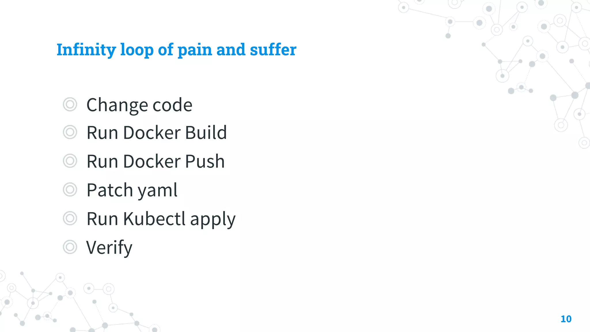 Infinity loop of pain and suffer
◎ Change code
◎ Run Docker Build
◎ Run Docker Push
◎ Patch yaml
◎ Run Kubectl apply
◎ Verify
10
 