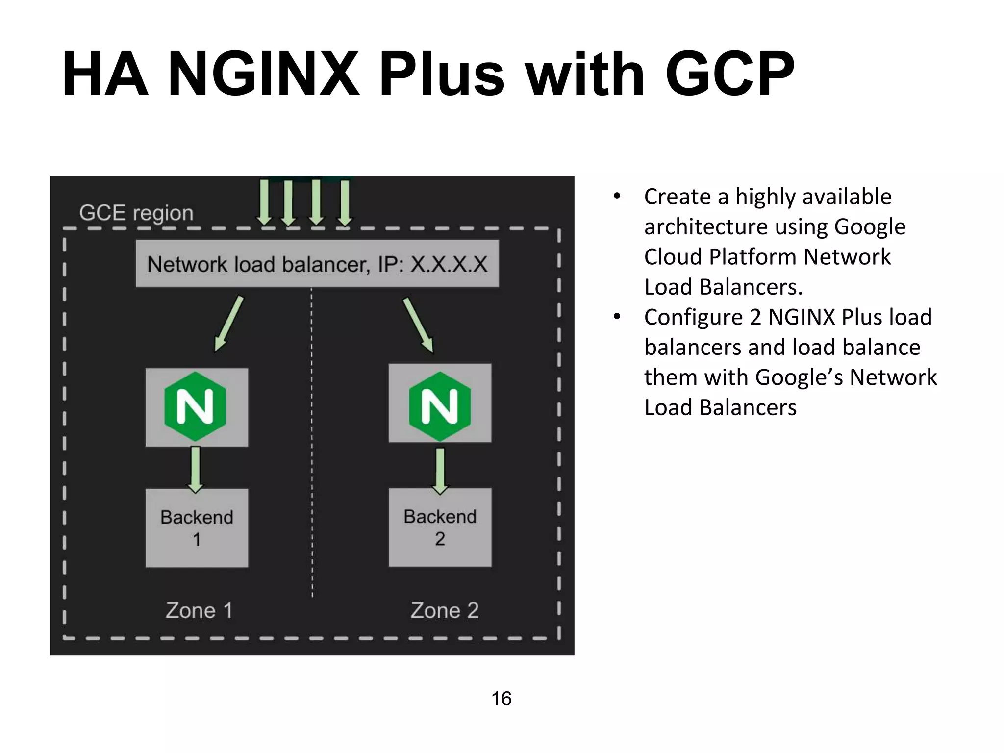 HA NGINX Plus with GCP • Create a highly available architecture using Google Cloud Platform Network Load Balancers. • Configure 2 NGINX Plus load balancers and load balance them with Google’s Network Load Balancers 16 