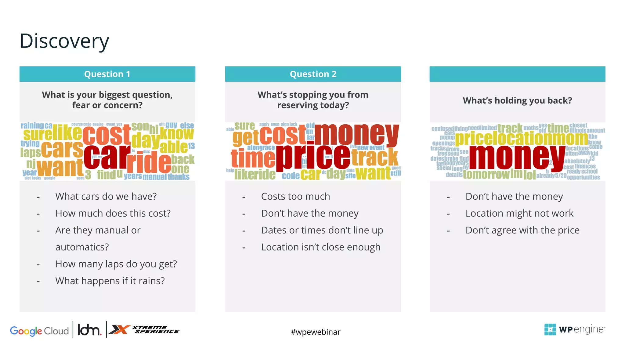 #wpewebinar
Discovery
Question 2Question 1
What is your biggest question,
fear or concern?
- What cars do we have?
- How much does this cost?
- Are they manual or
automatics?
- How many laps do you get?
- What happens if it rains?
What’s stopping you from
reserving today?
- Costs too much
- Don’t have the money
- Dates or times don’t line up
- Location isn’t close enough
What’s holding you back?
- Don’t have the money
- Location might not work
- Don’t agree with the price
 