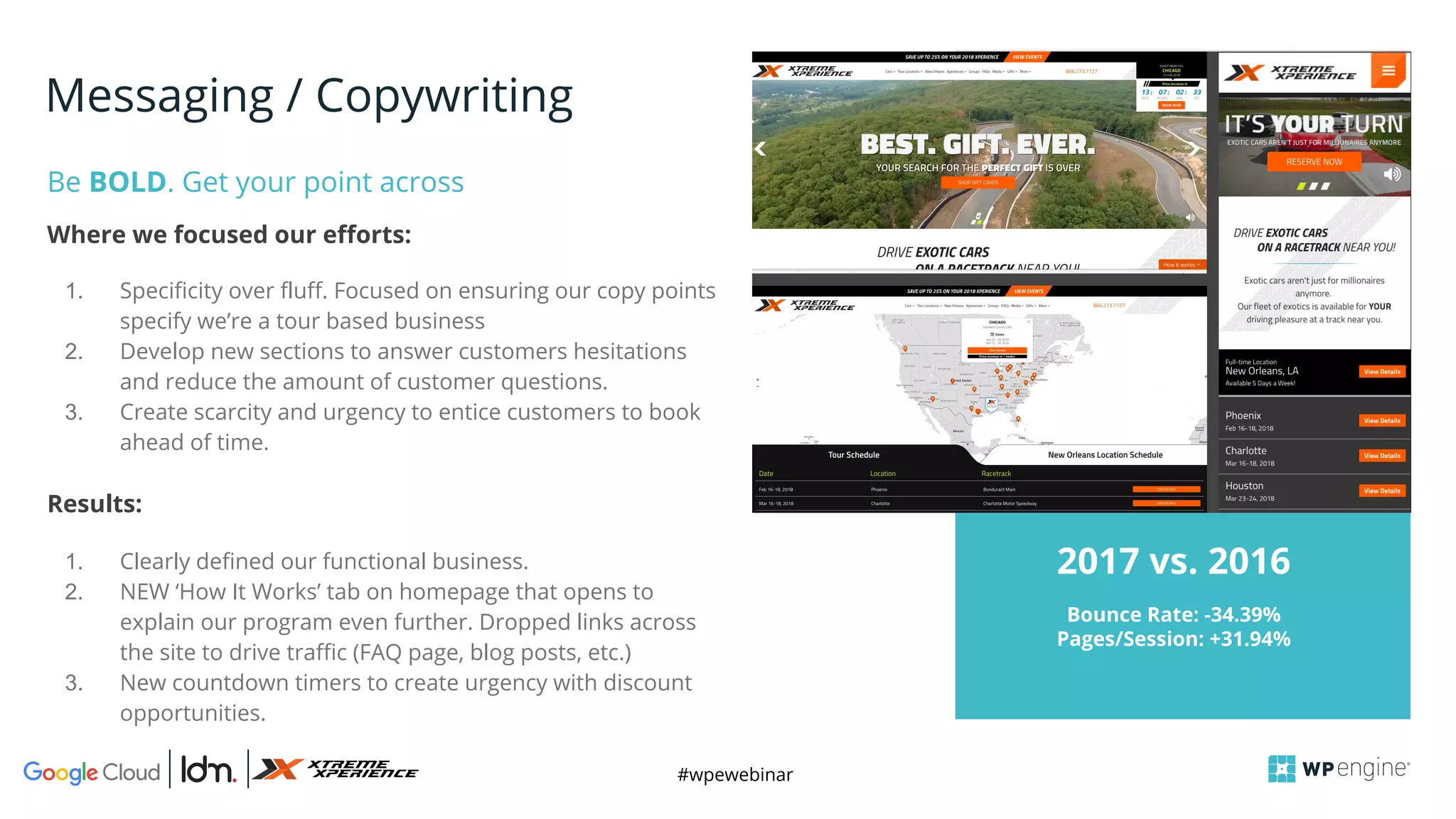 #wpewebinar
CROP IMAGE
TO GRAY BOX
1. Specificity over fluff. Focused on ensuring our copy points
specify we’re a tour based business
2. Develop new sections to answer customers hesitations
and reduce the amount of customer questions.
3. Create scarcity and urgency to entice customers to book
ahead of time.
Be BOLD. Get your point across
Bounce Rate: -34.39%
Pages/Session: +31.94%
2017 vs. 2016
Messaging / Copywriting
Where we focused our efforts:
1. Clearly defined our functional business.
2. NEW ‘How It Works’ tab on homepage that opens to
explain our program even further. Dropped links across
the site to drive traffic (FAQ page, blog posts, etc.)
3. New countdown timers to create urgency with discount
opportunities.
Results:
 