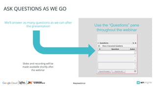 #wpewebinar
CROP IMAGE
TO GRAY BOX
We’ll answer as many questions as we can after
the presentation
ASK QUESTIONS AS WE GO
Slides and recording will be
made available shortly after
the webinar
Use the “Questions” pane
throughout the webinar
 
