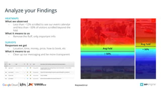 #wpewebinar
CROP IMAGE
TO GRAY BOX
HEATMAPS
What we observed
- Less than ~12% scrolled to see our event calendar
and less than ~50% of visitors scrolled beyond the
fold
What it means to us
- Remove the fluff, only important info
SURVEYS
Responses we got
- Location, time, money, price, how to book, etc
What it means to us
- Clear up our messaging and be more transparent
Analyze your Findings
Avg Fold
> 50%
Avg Fold
> 50%
 