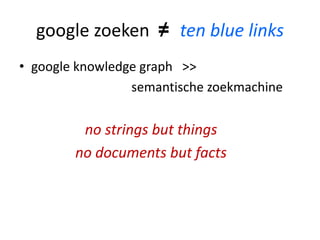 google zoeken ≠ ten blue links
• google knowledge graph >>
semantische zoekmachine
no strings but things
no documents but facts
 