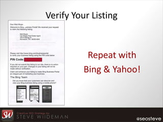 Verify Your Listing


           Repeat with
          Bing & Yahoo!
 