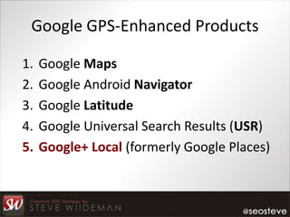 Google GPS-Enhanced Products

1.   Google Maps
2.   Google Android Navigator
3.   Google Latitude
4.   Google Universal Search Results (USR)
5.   Google+ Local (formerly Google Places)
 