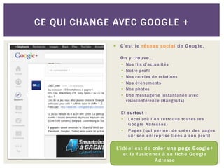 CE QUI CHANGE AVEC GOOGLE +
 C’est le réseau social de Google.
On y trouve…
 Nos fils d’actualités
 Notre profil
 Nos cercles de relations
 Nos évènements
 Nos photos
 Une messagerie instantanée avec
visioconférence (Hangouts)
Et surtout :
 Local (où l’on retrouve toutes les
Google Adresses)
 Pages (qui permet de créer des pages
sur son entreprise liées à son profil
L’idéal est de créer une page Google+
et la fusionner à sa fiche Google
Adresse
 