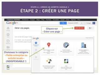 É TA P E 1 : C R É E R U N C O M P T E G O O G L E +
ÉTAPE 2 : CRÉER UNE PAGE
Cliquez sur
« Créer une page »
Choisissez la catégorie
« Petite entreprise ou
activité locale »
(INDISPENSABLE !)
 