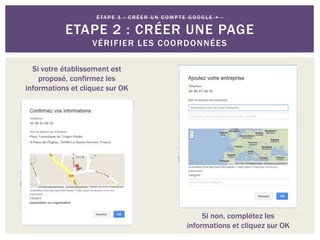 Si votre établissement est
proposé, confirmez les
informations et cliquez sur OK
Si non, complétez les
informations et cliquez sur OK
É TA P E 1 : C R É E R U N C O M P T E G O O G L E + -
ETAPE 2 : CRÉER UNE PAGE
VÉRIFIER LES COORDONNÉES
 