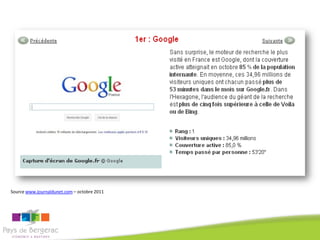 • 91% des français utilisent Google
• Plus de 100 milliards de requêtes sont faites chaque mois
sur Google, soit près de 3,3 milliards chaque jour (près de 40 000
chaque seconde) (source : Google, août 2012)
•Google Chrome a environ 750 millions d'utilisateurs, ce qui
en fait le navigateur le plus utilisé dans le monde

Source : www.webrankinfo.com

 