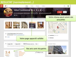 RESULTAT (normalement…)
Votre page apparaît validée
Votre réseau peut suivre vos
actualités

Vos avis sont récupérés

 