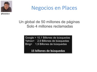 Negocios en Places
@kokebcn



           Un global de 50 millones de páginas
               Solo 4 millones reclamadas

 ...